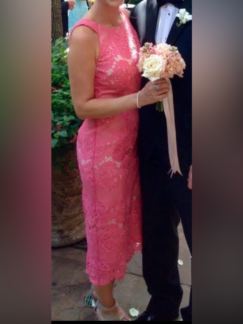 ANTONIO MELANI Coral-Pink Lace Midi Sheath Dress